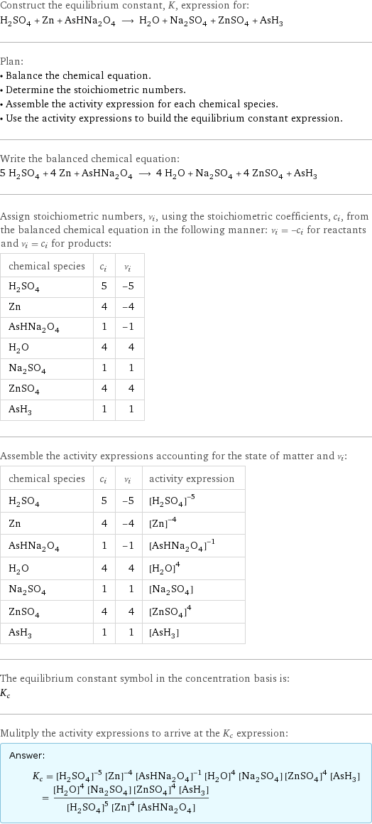 Construct the equilibrium constant, K, expression for: H_2SO_4 + Zn + AsHNa_2O_4 ⟶ H_2O + Na_2SO_4 + ZnSO_4 + AsH_3 Plan: • Balance the chemical equation. • Determine the stoichiometric numbers. • Assemble the activity expression for each chemical species. • Use the activity expressions to build the equilibrium constant expression. Write the balanced chemical equation: 5 H_2SO_4 + 4 Zn + AsHNa_2O_4 ⟶ 4 H_2O + Na_2SO_4 + 4 ZnSO_4 + AsH_3 Assign stoichiometric numbers, ν_i, using the stoichiometric coefficients, c_i, from the balanced chemical equation in the following manner: ν_i = -c_i for reactants and ν_i = c_i for products: chemical species | c_i | ν_i H_2SO_4 | 5 | -5 Zn | 4 | -4 AsHNa_2O_4 | 1 | -1 H_2O | 4 | 4 Na_2SO_4 | 1 | 1 ZnSO_4 | 4 | 4 AsH_3 | 1 | 1 Assemble the activity expressions accounting for the state of matter and ν_i: chemical species | c_i | ν_i | activity expression H_2SO_4 | 5 | -5 | ([H2SO4])^(-5) Zn | 4 | -4 | ([Zn])^(-4) AsHNa_2O_4 | 1 | -1 | ([AsHNa2O4])^(-1) H_2O | 4 | 4 | ([H2O])^4 Na_2SO_4 | 1 | 1 | [Na2SO4] ZnSO_4 | 4 | 4 | ([ZnSO4])^4 AsH_3 | 1 | 1 | [AsH3] The equilibrium constant symbol in the concentration basis is: K_c Mulitply the activity expressions to arrive at the K_c expression: Answer: |   | K_c = ([H2SO4])^(-5) ([Zn])^(-4) ([AsHNa2O4])^(-1) ([H2O])^4 [Na2SO4] ([ZnSO4])^4 [AsH3] = (([H2O])^4 [Na2SO4] ([ZnSO4])^4 [AsH3])/(([H2SO4])^5 ([Zn])^4 [AsHNa2O4])