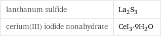 lanthanum sulfide | La_2S_3 cerium(III) iodide nonahydrate | CeI_3·9H_2O