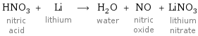 HNO_3 nitric acid + Li lithium ⟶ H_2O water + NO nitric oxide + LiNO_3 lithium nitrate