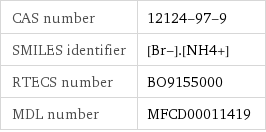 CAS number | 12124-97-9 SMILES identifier | [Br-].[NH4+] RTECS number | BO9155000 MDL number | MFCD00011419