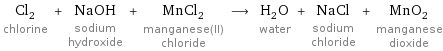 Cl_2 chlorine + NaOH sodium hydroxide + MnCl_2 manganese(II) chloride ⟶ H_2O water + NaCl sodium chloride + MnO_2 manganese dioxide