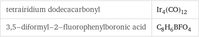 tetrairidium dodecacarbonyl | Ir_4(CO)_12 3, 5-diformyl-2-fluorophenylboronic acid | C_8H_6BFO_4