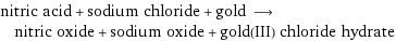 nitric acid + sodium chloride + gold ⟶ nitric oxide + sodium oxide + gold(III) chloride hydrate