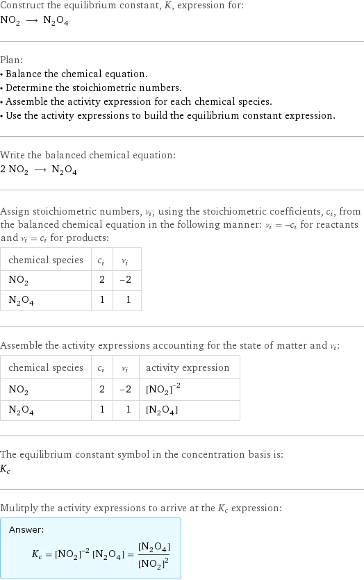 Construct the equilibrium constant, K, expression for: NO_2 ⟶ N_2O_4 Plan: • Balance the chemical equation. • Determine the stoichiometric numbers. • Assemble the activity expression for each chemical species. • Use the activity expressions to build the equilibrium constant expression. Write the balanced chemical equation: 2 NO_2 ⟶ N_2O_4 Assign stoichiometric numbers, ν_i, using the stoichiometric coefficients, c_i, from the balanced chemical equation in the following manner: ν_i = -c_i for reactants and ν_i = c_i for products: chemical species | c_i | ν_i NO_2 | 2 | -2 N_2O_4 | 1 | 1 Assemble the activity expressions accounting for the state of matter and ν_i: chemical species | c_i | ν_i | activity expression NO_2 | 2 | -2 | ([NO2])^(-2) N_2O_4 | 1 | 1 | [N2O4] The equilibrium constant symbol in the concentration basis is: K_c Mulitply the activity expressions to arrive at the K_c expression: Answer: |   | K_c = ([NO2])^(-2) [N2O4] = ([N2O4])/([NO2])^2