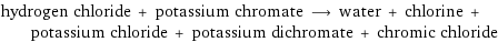 hydrogen chloride + potassium chromate ⟶ water + chlorine + potassium chloride + potassium dichromate + chromic chloride