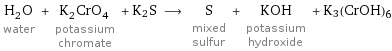H_2O water + K_2CrO_4 potassium chromate + K2S ⟶ S mixed sulfur + KOH potassium hydroxide + K3(CrOH)6
