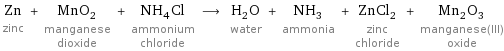 Zn zinc + MnO_2 manganese dioxide + NH_4Cl ammonium chloride ⟶ H_2O water + NH_3 ammonia + ZnCl_2 zinc chloride + Mn_2O_3 manganese(III) oxide