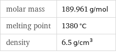 molar mass | 189.961 g/mol melting point | 1380 °C density | 6.5 g/cm^3