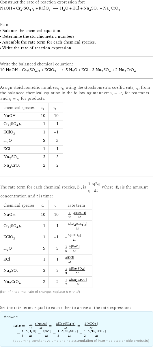 Construct the rate of reaction expression for: NaOH + Cr_2(SO_4)_3 + KClO_3 ⟶ H_2O + KCl + Na_2SO_4 + Na_2CrO_4 Plan: • Balance the chemical equation. • Determine the stoichiometric numbers. • Assemble the rate term for each chemical species. • Write the rate of reaction expression. Write the balanced chemical equation: 10 NaOH + Cr_2(SO_4)_3 + KClO_3 ⟶ 5 H_2O + KCl + 3 Na_2SO_4 + 2 Na_2CrO_4 Assign stoichiometric numbers, ν_i, using the stoichiometric coefficients, c_i, from the balanced chemical equation in the following manner: ν_i = -c_i for reactants and ν_i = c_i for products: chemical species | c_i | ν_i NaOH | 10 | -10 Cr_2(SO_4)_3 | 1 | -1 KClO_3 | 1 | -1 H_2O | 5 | 5 KCl | 1 | 1 Na_2SO_4 | 3 | 3 Na_2CrO_4 | 2 | 2 The rate term for each chemical species, B_i, is 1/ν_i(Δ[B_i])/(Δt) where [B_i] is the amount concentration and t is time: chemical species | c_i | ν_i | rate term NaOH | 10 | -10 | -1/10 (Δ[NaOH])/(Δt) Cr_2(SO_4)_3 | 1 | -1 | -(Δ[Cr2(SO4)3])/(Δt) KClO_3 | 1 | -1 | -(Δ[KClO3])/(Δt) H_2O | 5 | 5 | 1/5 (Δ[H2O])/(Δt) KCl | 1 | 1 | (Δ[KCl])/(Δt) Na_2SO_4 | 3 | 3 | 1/3 (Δ[Na2SO4])/(Δt) Na_2CrO_4 | 2 | 2 | 1/2 (Δ[Na2CrO4])/(Δt) (for infinitesimal rate of change, replace Δ with d) Set the rate terms equal to each other to arrive at the rate expression: Answer: |   | rate = -1/10 (Δ[NaOH])/(Δt) = -(Δ[Cr2(SO4)3])/(Δt) = -(Δ[KClO3])/(Δt) = 1/5 (Δ[H2O])/(Δt) = (Δ[KCl])/(Δt) = 1/3 (Δ[Na2SO4])/(Δt) = 1/2 (Δ[Na2CrO4])/(Δt) (assuming constant volume and no accumulation of intermediates or side products)