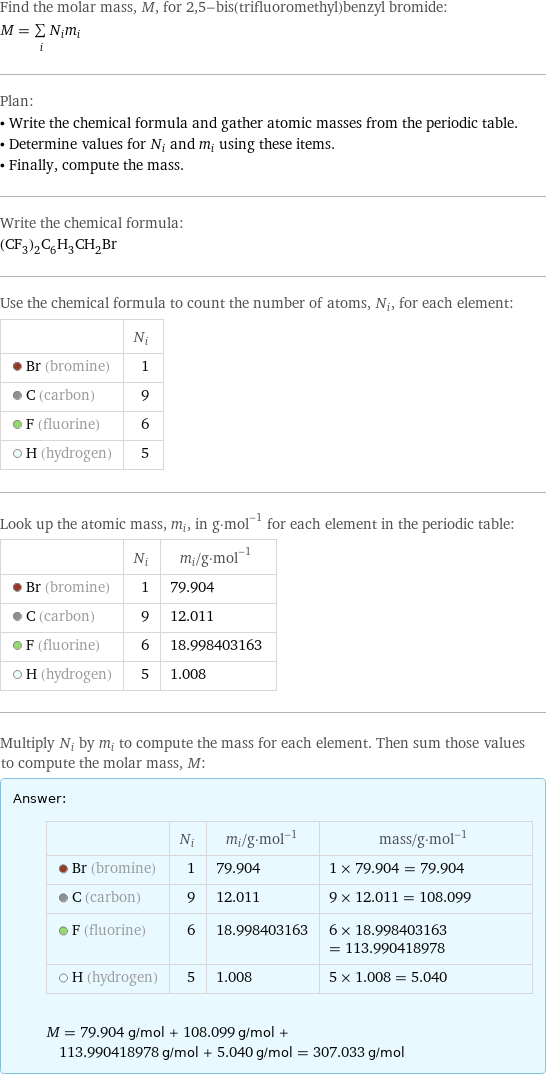 Find the molar mass, M, for 2, 5-bis(trifluoromethyl)benzyl bromide: M = sum _iN_im_i Plan: • Write the chemical formula and gather atomic masses from the periodic table. • Determine values for N_i and m_i using these items. • Finally, compute the mass. Write the chemical formula: (CF_3)_2C_6H_3CH_2Br Use the chemical formula to count the number of atoms, N_i, for each element:  | N_i  Br (bromine) | 1  C (carbon) | 9  F (fluorine) | 6  H (hydrogen) | 5 Look up the atomic mass, m_i, in g·mol^(-1) for each element in the periodic table:  | N_i | m_i/g·mol^(-1)  Br (bromine) | 1 | 79.904  C (carbon) | 9 | 12.011  F (fluorine) | 6 | 18.998403163  H (hydrogen) | 5 | 1.008 Multiply N_i by m_i to compute the mass for each element. Then sum those values to compute the molar mass, M: Answer: |   | | N_i | m_i/g·mol^(-1) | mass/g·mol^(-1)  Br (bromine) | 1 | 79.904 | 1 × 79.904 = 79.904  C (carbon) | 9 | 12.011 | 9 × 12.011 = 108.099  F (fluorine) | 6 | 18.998403163 | 6 × 18.998403163 = 113.990418978  H (hydrogen) | 5 | 1.008 | 5 × 1.008 = 5.040  M = 79.904 g/mol + 108.099 g/mol + 113.990418978 g/mol + 5.040 g/mol = 307.033 g/mol