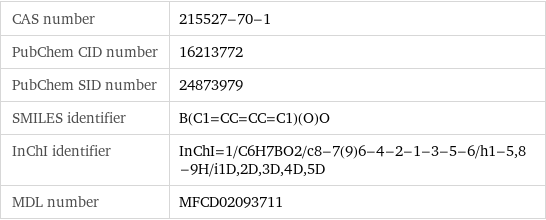 CAS number | 215527-70-1 PubChem CID number | 16213772 PubChem SID number | 24873979 SMILES identifier | B(C1=CC=CC=C1)(O)O InChI identifier | InChI=1/C6H7BO2/c8-7(9)6-4-2-1-3-5-6/h1-5, 8-9H/i1D, 2D, 3D, 4D, 5D MDL number | MFCD02093711