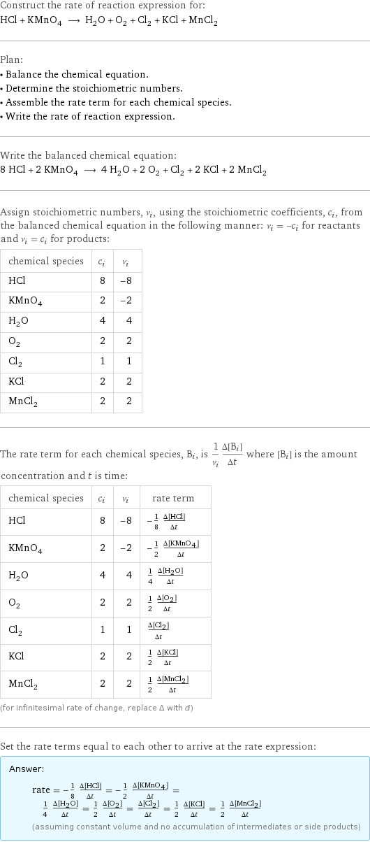 Construct the rate of reaction expression for: HCl + KMnO_4 ⟶ H_2O + O_2 + Cl_2 + KCl + MnCl_2 Plan: • Balance the chemical equation. • Determine the stoichiometric numbers. • Assemble the rate term for each chemical species. • Write the rate of reaction expression. Write the balanced chemical equation: 8 HCl + 2 KMnO_4 ⟶ 4 H_2O + 2 O_2 + Cl_2 + 2 KCl + 2 MnCl_2 Assign stoichiometric numbers, ν_i, using the stoichiometric coefficients, c_i, from the balanced chemical equation in the following manner: ν_i = -c_i for reactants and ν_i = c_i for products: chemical species | c_i | ν_i HCl | 8 | -8 KMnO_4 | 2 | -2 H_2O | 4 | 4 O_2 | 2 | 2 Cl_2 | 1 | 1 KCl | 2 | 2 MnCl_2 | 2 | 2 The rate term for each chemical species, B_i, is 1/ν_i(Δ[B_i])/(Δt) where [B_i] is the amount concentration and t is time: chemical species | c_i | ν_i | rate term HCl | 8 | -8 | -1/8 (Δ[HCl])/(Δt) KMnO_4 | 2 | -2 | -1/2 (Δ[KMnO4])/(Δt) H_2O | 4 | 4 | 1/4 (Δ[H2O])/(Δt) O_2 | 2 | 2 | 1/2 (Δ[O2])/(Δt) Cl_2 | 1 | 1 | (Δ[Cl2])/(Δt) KCl | 2 | 2 | 1/2 (Δ[KCl])/(Δt) MnCl_2 | 2 | 2 | 1/2 (Δ[MnCl2])/(Δt) (for infinitesimal rate of change, replace Δ with d) Set the rate terms equal to each other to arrive at the rate expression: Answer: |   | rate = -1/8 (Δ[HCl])/(Δt) = -1/2 (Δ[KMnO4])/(Δt) = 1/4 (Δ[H2O])/(Δt) = 1/2 (Δ[O2])/(Δt) = (Δ[Cl2])/(Δt) = 1/2 (Δ[KCl])/(Δt) = 1/2 (Δ[MnCl2])/(Δt) (assuming constant volume and no accumulation of intermediates or side products)