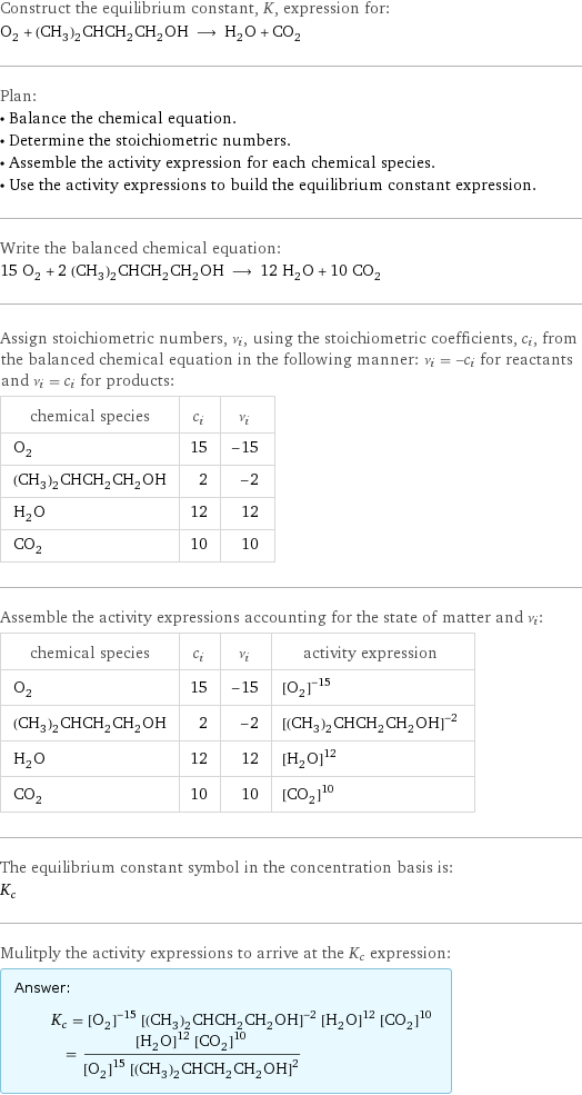 Construct the equilibrium constant, K, expression for: O_2 + (CH_3)_2CHCH_2CH_2OH ⟶ H_2O + CO_2 Plan: • Balance the chemical equation. • Determine the stoichiometric numbers. • Assemble the activity expression for each chemical species. • Use the activity expressions to build the equilibrium constant expression. Write the balanced chemical equation: 15 O_2 + 2 (CH_3)_2CHCH_2CH_2OH ⟶ 12 H_2O + 10 CO_2 Assign stoichiometric numbers, ν_i, using the stoichiometric coefficients, c_i, from the balanced chemical equation in the following manner: ν_i = -c_i for reactants and ν_i = c_i for products: chemical species | c_i | ν_i O_2 | 15 | -15 (CH_3)_2CHCH_2CH_2OH | 2 | -2 H_2O | 12 | 12 CO_2 | 10 | 10 Assemble the activity expressions accounting for the state of matter and ν_i: chemical species | c_i | ν_i | activity expression O_2 | 15 | -15 | ([O2])^(-15) (CH_3)_2CHCH_2CH_2OH | 2 | -2 | ([(CH3)2CHCH2CH2OH])^(-2) H_2O | 12 | 12 | ([H2O])^12 CO_2 | 10 | 10 | ([CO2])^10 The equilibrium constant symbol in the concentration basis is: K_c Mulitply the activity expressions to arrive at the K_c expression: Answer: |   | K_c = ([O2])^(-15) ([(CH3)2CHCH2CH2OH])^(-2) ([H2O])^12 ([CO2])^10 = (([H2O])^12 ([CO2])^10)/(([O2])^15 ([(CH3)2CHCH2CH2OH])^2)