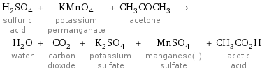 H_2SO_4 sulfuric acid + KMnO_4 potassium permanganate + CH_3COCH_3 acetone ⟶ H_2O water + CO_2 carbon dioxide + K_2SO_4 potassium sulfate + MnSO_4 manganese(II) sulfate + CH_3CO_2H acetic acid