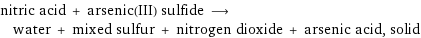 nitric acid + arsenic(III) sulfide ⟶ water + mixed sulfur + nitrogen dioxide + arsenic acid, solid