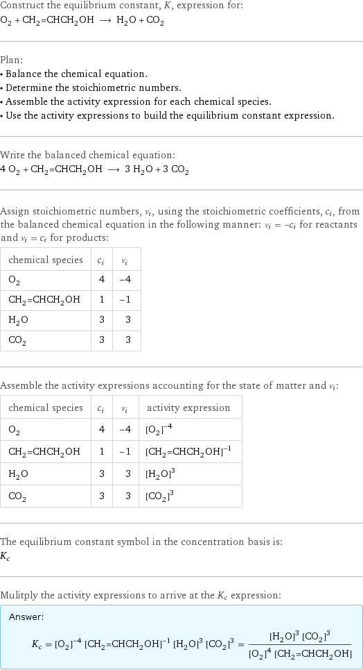 Construct the equilibrium constant, K, expression for: O_2 + CH_2=CHCH_2OH ⟶ H_2O + CO_2 Plan: • Balance the chemical equation. • Determine the stoichiometric numbers. • Assemble the activity expression for each chemical species. • Use the activity expressions to build the equilibrium constant expression. Write the balanced chemical equation: 4 O_2 + CH_2=CHCH_2OH ⟶ 3 H_2O + 3 CO_2 Assign stoichiometric numbers, ν_i, using the stoichiometric coefficients, c_i, from the balanced chemical equation in the following manner: ν_i = -c_i for reactants and ν_i = c_i for products: chemical species | c_i | ν_i O_2 | 4 | -4 CH_2=CHCH_2OH | 1 | -1 H_2O | 3 | 3 CO_2 | 3 | 3 Assemble the activity expressions accounting for the state of matter and ν_i: chemical species | c_i | ν_i | activity expression O_2 | 4 | -4 | ([O2])^(-4) CH_2=CHCH_2OH | 1 | -1 | ([CH2=CHCH2OH])^(-1) H_2O | 3 | 3 | ([H2O])^3 CO_2 | 3 | 3 | ([CO2])^3 The equilibrium constant symbol in the concentration basis is: K_c Mulitply the activity expressions to arrive at the K_c expression: Answer: |   | K_c = ([O2])^(-4) ([CH2=CHCH2OH])^(-1) ([H2O])^3 ([CO2])^3 = (([H2O])^3 ([CO2])^3)/(([O2])^4 [CH2=CHCH2OH])