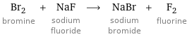 Br_2 bromine + NaF sodium fluoride ⟶ NaBr sodium bromide + F_2 fluorine