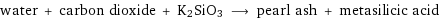 water + carbon dioxide + K2SiO3 ⟶ pearl ash + metasilicic acid