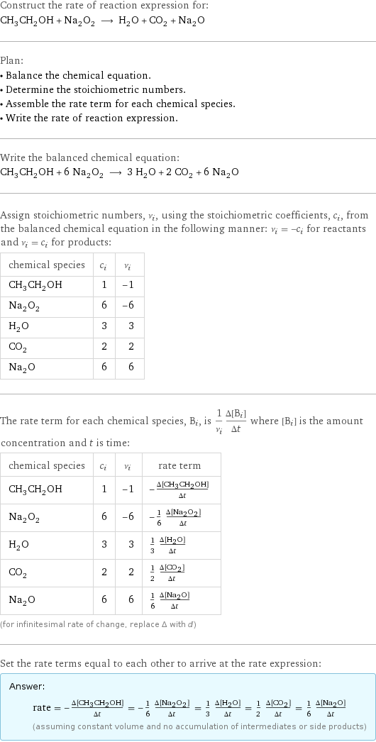 Construct the rate of reaction expression for: CH_3CH_2OH + Na_2O_2 ⟶ H_2O + CO_2 + Na_2O Plan: • Balance the chemical equation. • Determine the stoichiometric numbers. • Assemble the rate term for each chemical species. • Write the rate of reaction expression. Write the balanced chemical equation: CH_3CH_2OH + 6 Na_2O_2 ⟶ 3 H_2O + 2 CO_2 + 6 Na_2O Assign stoichiometric numbers, ν_i, using the stoichiometric coefficients, c_i, from the balanced chemical equation in the following manner: ν_i = -c_i for reactants and ν_i = c_i for products: chemical species | c_i | ν_i CH_3CH_2OH | 1 | -1 Na_2O_2 | 6 | -6 H_2O | 3 | 3 CO_2 | 2 | 2 Na_2O | 6 | 6 The rate term for each chemical species, B_i, is 1/ν_i(Δ[B_i])/(Δt) where [B_i] is the amount concentration and t is time: chemical species | c_i | ν_i | rate term CH_3CH_2OH | 1 | -1 | -(Δ[CH3CH2OH])/(Δt) Na_2O_2 | 6 | -6 | -1/6 (Δ[Na2O2])/(Δt) H_2O | 3 | 3 | 1/3 (Δ[H2O])/(Δt) CO_2 | 2 | 2 | 1/2 (Δ[CO2])/(Δt) Na_2O | 6 | 6 | 1/6 (Δ[Na2O])/(Δt) (for infinitesimal rate of change, replace Δ with d) Set the rate terms equal to each other to arrive at the rate expression: Answer: |   | rate = -(Δ[CH3CH2OH])/(Δt) = -1/6 (Δ[Na2O2])/(Δt) = 1/3 (Δ[H2O])/(Δt) = 1/2 (Δ[CO2])/(Δt) = 1/6 (Δ[Na2O])/(Δt) (assuming constant volume and no accumulation of intermediates or side products)