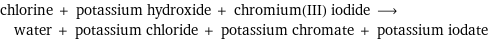 chlorine + potassium hydroxide + chromium(III) iodide ⟶ water + potassium chloride + potassium chromate + potassium iodate