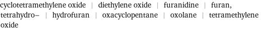 cyclotetramethylene oxide | diethylene oxide | furanidine | furan, tetrahydro- | hydrofuran | oxacyclopentane | oxolane | tetramethylene oxide