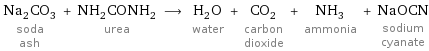 Na_2CO_3 soda ash + NH_2CONH_2 urea ⟶ H_2O water + CO_2 carbon dioxide + NH_3 ammonia + NaOCN sodium cyanate