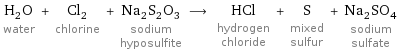 H_2O water + Cl_2 chlorine + Na_2S_2O_3 sodium hyposulfite ⟶ HCl hydrogen chloride + S mixed sulfur + Na_2SO_4 sodium sulfate