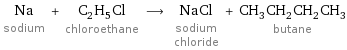 Na sodium + C_2H_5Cl chloroethane ⟶ NaCl sodium chloride + CH_3CH_2CH_2CH_3 butane