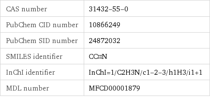 CAS number | 31432-55-0 PubChem CID number | 10866249 PubChem SID number | 24872032 SMILES identifier | CC#N InChI identifier | InChI=1/C2H3N/c1-2-3/h1H3/i1+1 MDL number | MFCD00001879