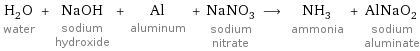 H_2O water + NaOH sodium hydroxide + Al aluminum + NaNO_3 sodium nitrate ⟶ NH_3 ammonia + AlNaO_2 sodium aluminate