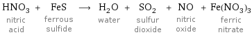 HNO_3 nitric acid + FeS ferrous sulfide ⟶ H_2O water + SO_2 sulfur dioxide + NO nitric oxide + Fe(NO_3)_3 ferric nitrate