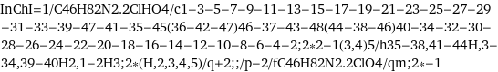 InChI=1/C46H82N2.2ClHO4/c1-3-5-7-9-11-13-15-17-19-21-23-25-27-29-31-33-39-47-41-35-45(36-42-47)46-37-43-48(44-38-46)40-34-32-30-28-26-24-22-20-18-16-14-12-10-8-6-4-2;2*2-1(3, 4)5/h35-38, 41-44H, 3-34, 39-40H2, 1-2H3;2*(H, 2, 3, 4, 5)/q+2;;/p-2/fC46H82N2.2ClO4/qm;2*-1