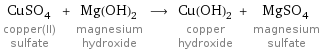 CuSO_4 copper(II) sulfate + Mg(OH)_2 magnesium hydroxide ⟶ Cu(OH)_2 copper hydroxide + MgSO_4 magnesium sulfate