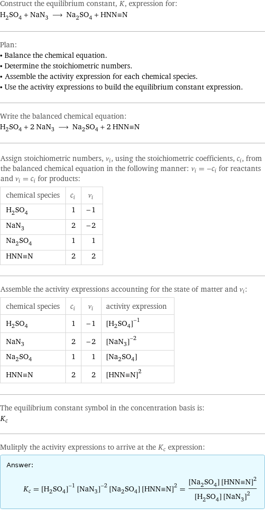 Construct the equilibrium constant, K, expression for: H_2SO_4 + NaN_3 ⟶ Na_2SO_4 + HNN congruent N Plan: • Balance the chemical equation. • Determine the stoichiometric numbers. • Assemble the activity expression for each chemical species. • Use the activity expressions to build the equilibrium constant expression. Write the balanced chemical equation: H_2SO_4 + 2 NaN_3 ⟶ Na_2SO_4 + 2 HNN congruent N Assign stoichiometric numbers, ν_i, using the stoichiometric coefficients, c_i, from the balanced chemical equation in the following manner: ν_i = -c_i for reactants and ν_i = c_i for products: chemical species | c_i | ν_i H_2SO_4 | 1 | -1 NaN_3 | 2 | -2 Na_2SO_4 | 1 | 1 HNN congruent N | 2 | 2 Assemble the activity expressions accounting for the state of matter and ν_i: chemical species | c_i | ν_i | activity expression H_2SO_4 | 1 | -1 | ([H2SO4])^(-1) NaN_3 | 2 | -2 | ([NaN3])^(-2) Na_2SO_4 | 1 | 1 | [Na2SO4] HNN congruent N | 2 | 2 | ([HNN congruent N])^2 The equilibrium constant symbol in the concentration basis is: K_c Mulitply the activity expressions to arrive at the K_c expression: Answer: |   | K_c = ([H2SO4])^(-1) ([NaN3])^(-2) [Na2SO4] ([HNN congruent N])^2 = ([Na2SO4] ([HNN congruent N])^2)/([H2SO4] ([NaN3])^2)