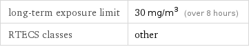 long-term exposure limit | 30 mg/m^3 (over 8 hours) RTECS classes | other