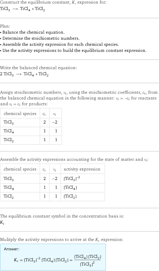 Construct the equilibrium constant, K, expression for: TiCl_3 ⟶ TiCl_4 + TiCl_2 Plan: • Balance the chemical equation. • Determine the stoichiometric numbers. • Assemble the activity expression for each chemical species. • Use the activity expressions to build the equilibrium constant expression. Write the balanced chemical equation: 2 TiCl_3 ⟶ TiCl_4 + TiCl_2 Assign stoichiometric numbers, ν_i, using the stoichiometric coefficients, c_i, from the balanced chemical equation in the following manner: ν_i = -c_i for reactants and ν_i = c_i for products: chemical species | c_i | ν_i TiCl_3 | 2 | -2 TiCl_4 | 1 | 1 TiCl_2 | 1 | 1 Assemble the activity expressions accounting for the state of matter and ν_i: chemical species | c_i | ν_i | activity expression TiCl_3 | 2 | -2 | ([TiCl3])^(-2) TiCl_4 | 1 | 1 | [TiCl4] TiCl_2 | 1 | 1 | [TiCl2] The equilibrium constant symbol in the concentration basis is: K_c Mulitply the activity expressions to arrive at the K_c expression: Answer: |   | K_c = ([TiCl3])^(-2) [TiCl4] [TiCl2] = ([TiCl4] [TiCl2])/([TiCl3])^2