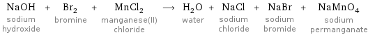 NaOH sodium hydroxide + Br_2 bromine + MnCl_2 manganese(II) chloride ⟶ H_2O water + NaCl sodium chloride + NaBr sodium bromide + NaMnO_4 sodium permanganate