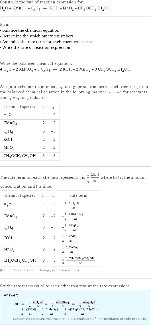 Construct the rate of reaction expression for: H_2O + KMnO_4 + C_3H_6 ⟶ KOH + MnO_2 + CH_3OCH_2CH_2OH Plan: • Balance the chemical equation. • Determine the stoichiometric numbers. • Assemble the rate term for each chemical species. • Write the rate of reaction expression. Write the balanced chemical equation: 4 H_2O + 2 KMnO_4 + 3 C_3H_6 ⟶ 2 KOH + 2 MnO_2 + 3 CH_3OCH_2CH_2OH Assign stoichiometric numbers, ν_i, using the stoichiometric coefficients, c_i, from the balanced chemical equation in the following manner: ν_i = -c_i for reactants and ν_i = c_i for products: chemical species | c_i | ν_i H_2O | 4 | -4 KMnO_4 | 2 | -2 C_3H_6 | 3 | -3 KOH | 2 | 2 MnO_2 | 2 | 2 CH_3OCH_2CH_2OH | 3 | 3 The rate term for each chemical species, B_i, is 1/ν_i(Δ[B_i])/(Δt) where [B_i] is the amount concentration and t is time: chemical species | c_i | ν_i | rate term H_2O | 4 | -4 | -1/4 (Δ[H2O])/(Δt) KMnO_4 | 2 | -2 | -1/2 (Δ[KMnO4])/(Δt) C_3H_6 | 3 | -3 | -1/3 (Δ[C3H6])/(Δt) KOH | 2 | 2 | 1/2 (Δ[KOH])/(Δt) MnO_2 | 2 | 2 | 1/2 (Δ[MnO2])/(Δt) CH_3OCH_2CH_2OH | 3 | 3 | 1/3 (Δ[CH3OCH2CH2OH])/(Δt) (for infinitesimal rate of change, replace Δ with d) Set the rate terms equal to each other to arrive at the rate expression: Answer: |   | rate = -1/4 (Δ[H2O])/(Δt) = -1/2 (Δ[KMnO4])/(Δt) = -1/3 (Δ[C3H6])/(Δt) = 1/2 (Δ[KOH])/(Δt) = 1/2 (Δ[MnO2])/(Δt) = 1/3 (Δ[CH3OCH2CH2OH])/(Δt) (assuming constant volume and no accumulation of intermediates or side products)