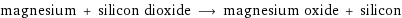 magnesium + silicon dioxide ⟶ magnesium oxide + silicon