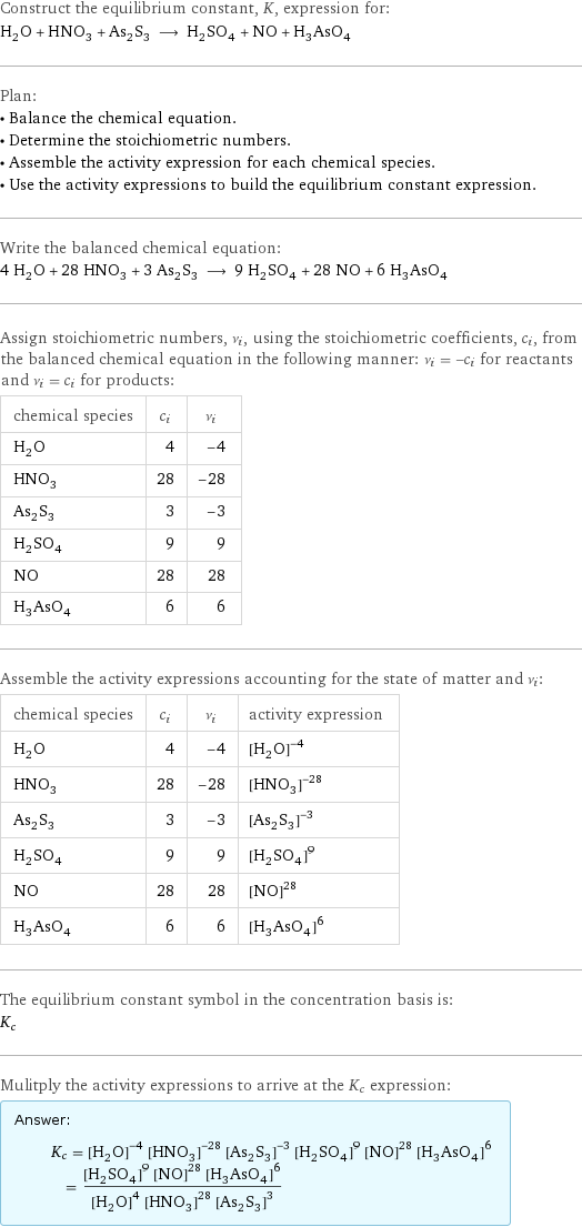 Construct the equilibrium constant, K, expression for: H_2O + HNO_3 + As_2S_3 ⟶ H_2SO_4 + NO + H_3AsO_4 Plan: • Balance the chemical equation. • Determine the stoichiometric numbers. • Assemble the activity expression for each chemical species. • Use the activity expressions to build the equilibrium constant expression. Write the balanced chemical equation: 4 H_2O + 28 HNO_3 + 3 As_2S_3 ⟶ 9 H_2SO_4 + 28 NO + 6 H_3AsO_4 Assign stoichiometric numbers, ν_i, using the stoichiometric coefficients, c_i, from the balanced chemical equation in the following manner: ν_i = -c_i for reactants and ν_i = c_i for products: chemical species | c_i | ν_i H_2O | 4 | -4 HNO_3 | 28 | -28 As_2S_3 | 3 | -3 H_2SO_4 | 9 | 9 NO | 28 | 28 H_3AsO_4 | 6 | 6 Assemble the activity expressions accounting for the state of matter and ν_i: chemical species | c_i | ν_i | activity expression H_2O | 4 | -4 | ([H2O])^(-4) HNO_3 | 28 | -28 | ([HNO3])^(-28) As_2S_3 | 3 | -3 | ([As2S3])^(-3) H_2SO_4 | 9 | 9 | ([H2SO4])^9 NO | 28 | 28 | ([NO])^28 H_3AsO_4 | 6 | 6 | ([H3AsO4])^6 The equilibrium constant symbol in the concentration basis is: K_c Mulitply the activity expressions to arrive at the K_c expression: Answer: |   | K_c = ([H2O])^(-4) ([HNO3])^(-28) ([As2S3])^(-3) ([H2SO4])^9 ([NO])^28 ([H3AsO4])^6 = (([H2SO4])^9 ([NO])^28 ([H3AsO4])^6)/(([H2O])^4 ([HNO3])^28 ([As2S3])^3)