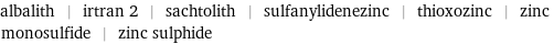 albalith | irtran 2 | sachtolith | sulfanylidenezinc | thioxozinc | zinc monosulfide | zinc sulphide