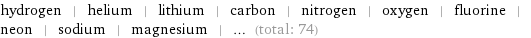 hydrogen | helium | lithium | carbon | nitrogen | oxygen | fluorine | neon | sodium | magnesium | ... (total: 74)