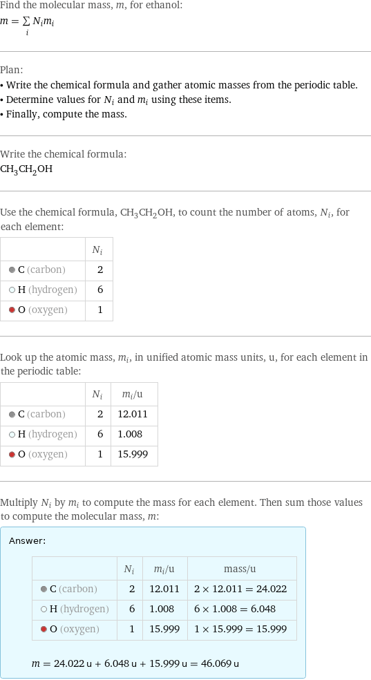 Find the molecular mass, m, for ethanol: m = sum _iN_im_i Plan: • Write the chemical formula and gather atomic masses from the periodic table. • Determine values for N_i and m_i using these items. • Finally, compute the mass. Write the chemical formula: CH_3CH_2OH Use the chemical formula, CH_3CH_2OH, to count the number of atoms, N_i, for each element:  | N_i  C (carbon) | 2  H (hydrogen) | 6  O (oxygen) | 1 Look up the atomic mass, m_i, in unified atomic mass units, u, for each element in the periodic table:  | N_i | m_i/u  C (carbon) | 2 | 12.011  H (hydrogen) | 6 | 1.008  O (oxygen) | 1 | 15.999 Multiply N_i by m_i to compute the mass for each element. Then sum those values to compute the molecular mass, m: Answer: |   | | N_i | m_i/u | mass/u  C (carbon) | 2 | 12.011 | 2 × 12.011 = 24.022  H (hydrogen) | 6 | 1.008 | 6 × 1.008 = 6.048  O (oxygen) | 1 | 15.999 | 1 × 15.999 = 15.999  m = 24.022 u + 6.048 u + 15.999 u = 46.069 u