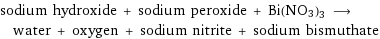 sodium hydroxide + sodium peroxide + Bi(NO3)3 ⟶ water + oxygen + sodium nitrite + sodium bismuthate