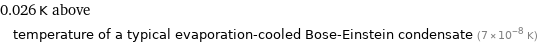 0.026 K above temperature of a typical evaporation-cooled Bose-Einstein condensate (7×10^-8 K)