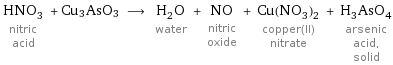 HNO_3 nitric acid + Cu3AsO3 ⟶ H_2O water + NO nitric oxide + Cu(NO_3)_2 copper(II) nitrate + H_3AsO_4 arsenic acid, solid