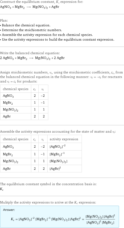 Construct the equilibrium constant, K, expression for: AgNO_3 + MgBr_2 ⟶ Mg(NO_3)_2 + AgBr Plan: • Balance the chemical equation. • Determine the stoichiometric numbers. • Assemble the activity expression for each chemical species. • Use the activity expressions to build the equilibrium constant expression. Write the balanced chemical equation: 2 AgNO_3 + MgBr_2 ⟶ Mg(NO_3)_2 + 2 AgBr Assign stoichiometric numbers, ν_i, using the stoichiometric coefficients, c_i, from the balanced chemical equation in the following manner: ν_i = -c_i for reactants and ν_i = c_i for products: chemical species | c_i | ν_i AgNO_3 | 2 | -2 MgBr_2 | 1 | -1 Mg(NO_3)_2 | 1 | 1 AgBr | 2 | 2 Assemble the activity expressions accounting for the state of matter and ν_i: chemical species | c_i | ν_i | activity expression AgNO_3 | 2 | -2 | ([AgNO3])^(-2) MgBr_2 | 1 | -1 | ([MgBr2])^(-1) Mg(NO_3)_2 | 1 | 1 | [Mg(NO3)2] AgBr | 2 | 2 | ([AgBr])^2 The equilibrium constant symbol in the concentration basis is: K_c Mulitply the activity expressions to arrive at the K_c expression: Answer: |   | K_c = ([AgNO3])^(-2) ([MgBr2])^(-1) [Mg(NO3)2] ([AgBr])^2 = ([Mg(NO3)2] ([AgBr])^2)/(([AgNO3])^2 [MgBr2])