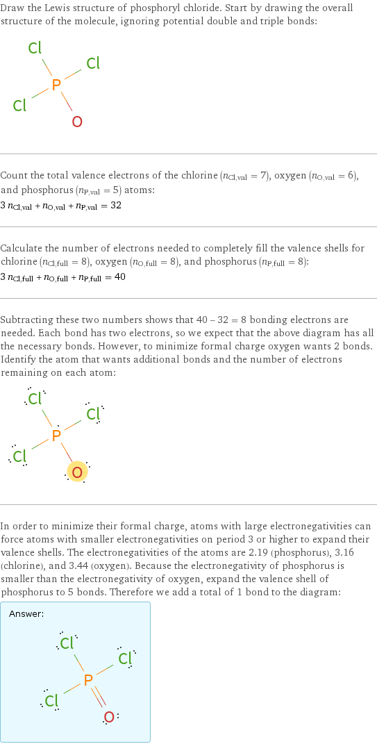 Draw the Lewis structure of phosphoryl chloride. Start by drawing the overall structure of the molecule, ignoring potential double and triple bonds:  Count the total valence electrons of the chlorine (n_Cl, val = 7), oxygen (n_O, val = 6), and phosphorus (n_P, val = 5) atoms: 3 n_Cl, val + n_O, val + n_P, val = 32 Calculate the number of electrons needed to completely fill the valence shells for chlorine (n_Cl, full = 8), oxygen (n_O, full = 8), and phosphorus (n_P, full = 8): 3 n_Cl, full + n_O, full + n_P, full = 40 Subtracting these two numbers shows that 40 - 32 = 8 bonding electrons are needed. Each bond has two electrons, so we expect that the above diagram has all the necessary bonds. However, to minimize formal charge oxygen wants 2 bonds. Identify the atom that wants additional bonds and the number of electrons remaining on each atom:  In order to minimize their formal charge, atoms with large electronegativities can force atoms with smaller electronegativities on period 3 or higher to expand their valence shells. The electronegativities of the atoms are 2.19 (phosphorus), 3.16 (chlorine), and 3.44 (oxygen). Because the electronegativity of phosphorus is smaller than the electronegativity of oxygen, expand the valence shell of phosphorus to 5 bonds. Therefore we add a total of 1 bond to the diagram: Answer: |   | 