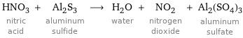 HNO_3 nitric acid + Al_2S_3 aluminum sulfide ⟶ H_2O water + NO_2 nitrogen dioxide + Al_2(SO_4)_3 aluminum sulfate