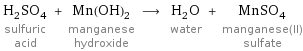 H_2SO_4 sulfuric acid + Mn(OH)_2 manganese hydroxide ⟶ H_2O water + MnSO_4 manganese(II) sulfate